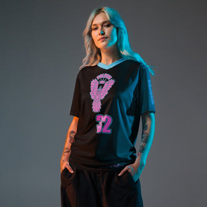 Recycled unisex sports jersey- Pink Falcon Logo- on Black