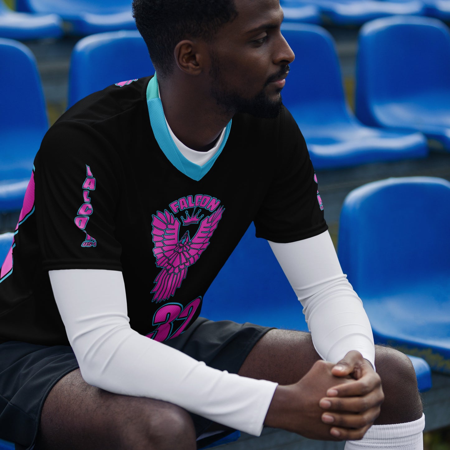 Recycled unisex sports jersey- Pink Falcon Logo- on Black
