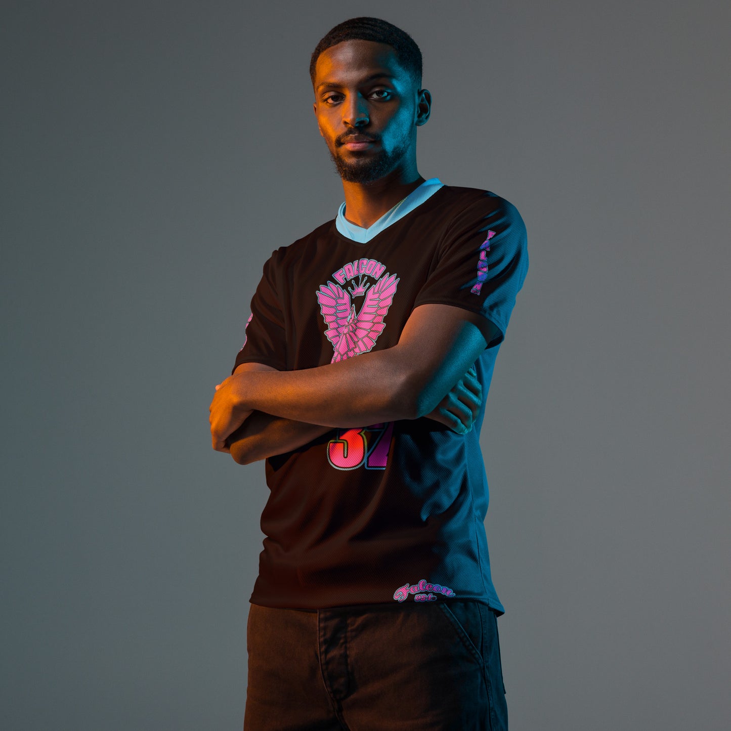 Recycled unisex sports jersey- Pink Falcon Logo- on Black