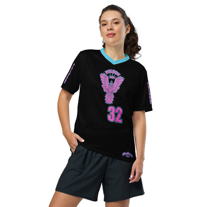 Recycled unisex sports jersey- Pink Falcon Logo- on Black