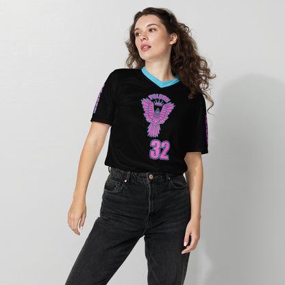 Recycled unisex sports jersey- Pink Falcon Logo- on Black