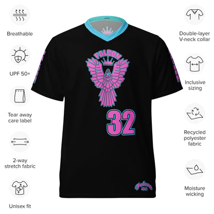 Recycled unisex sports jersey- Pink Falcon Logo- on Black