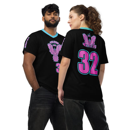 Recycled unisex sports jersey- Pink Falcon Logo- on Black