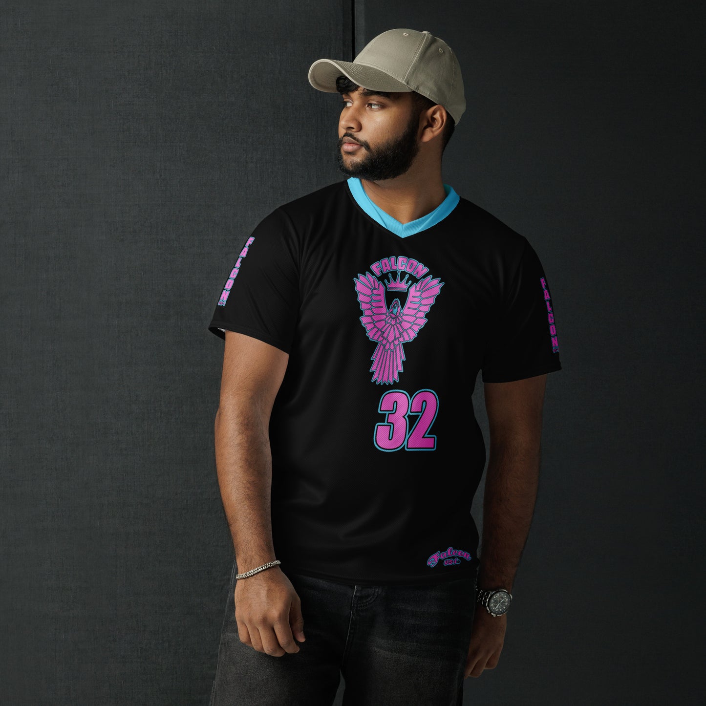 Recycled unisex sports jersey- Pink Falcon Logo- on Black