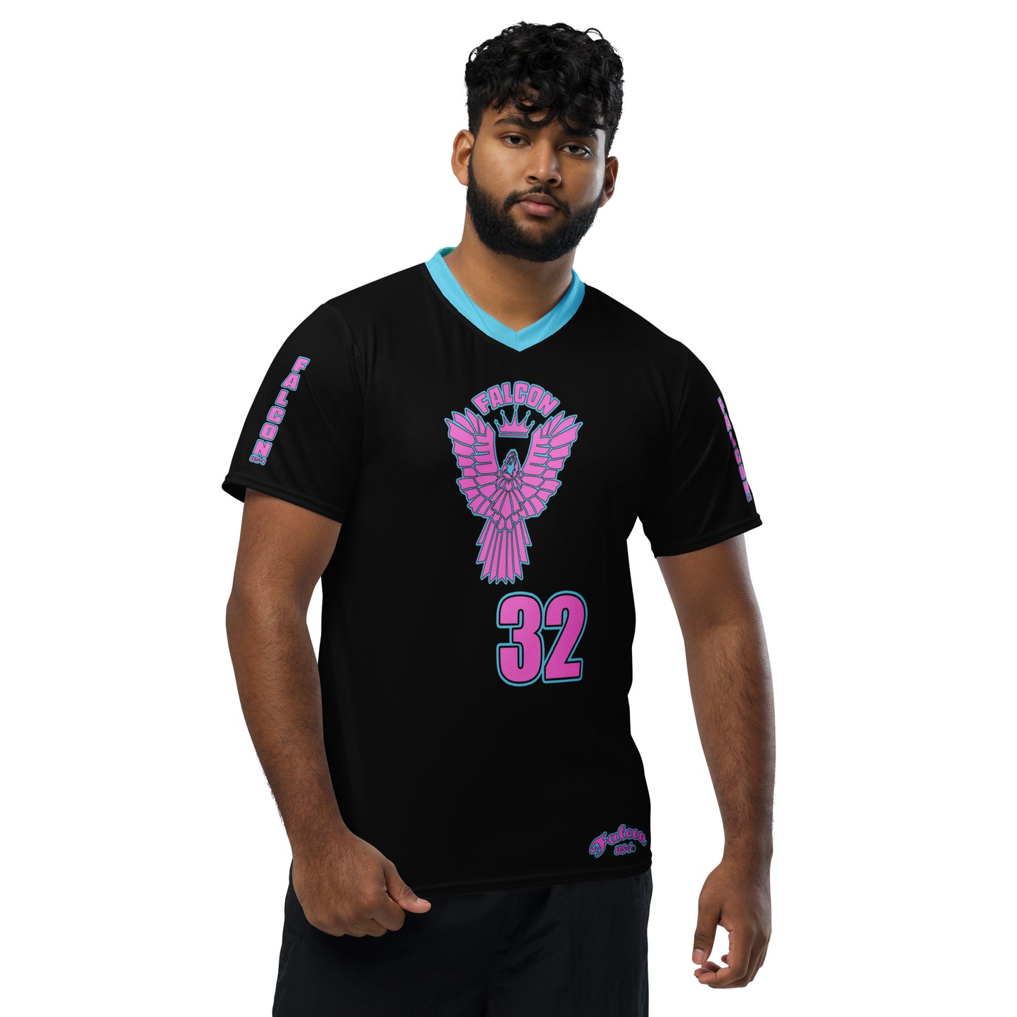 Recycled unisex sports jersey- Pink Falcon Logo- on Black