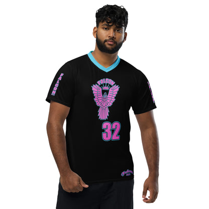 Recycled unisex sports jersey- Pink Falcon Logo- on Black