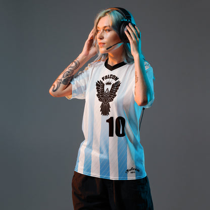 Recycled unisex sports jersey- Black Falcon Logo on White\ Blue