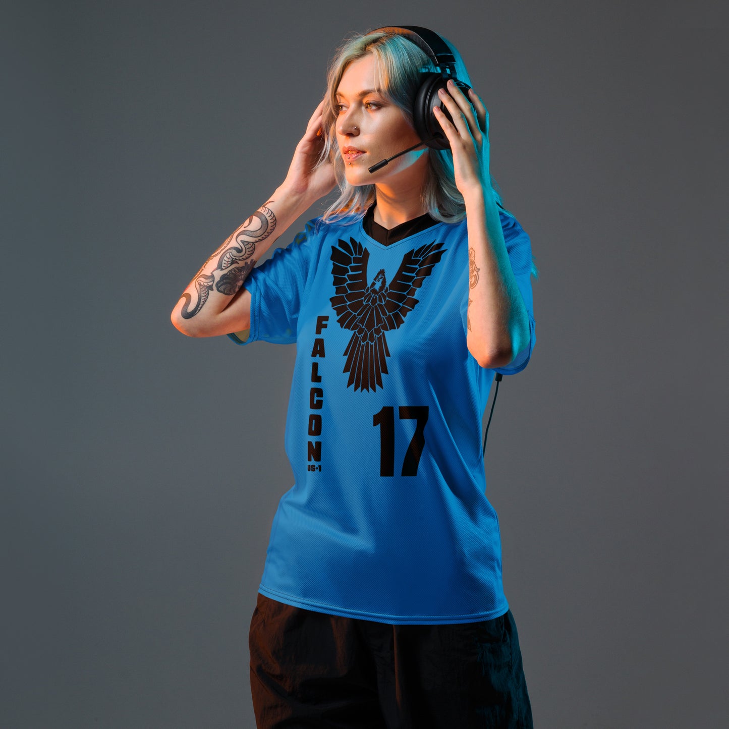 Recycled unisex sports jersey- Black Falcon Logo on Blue