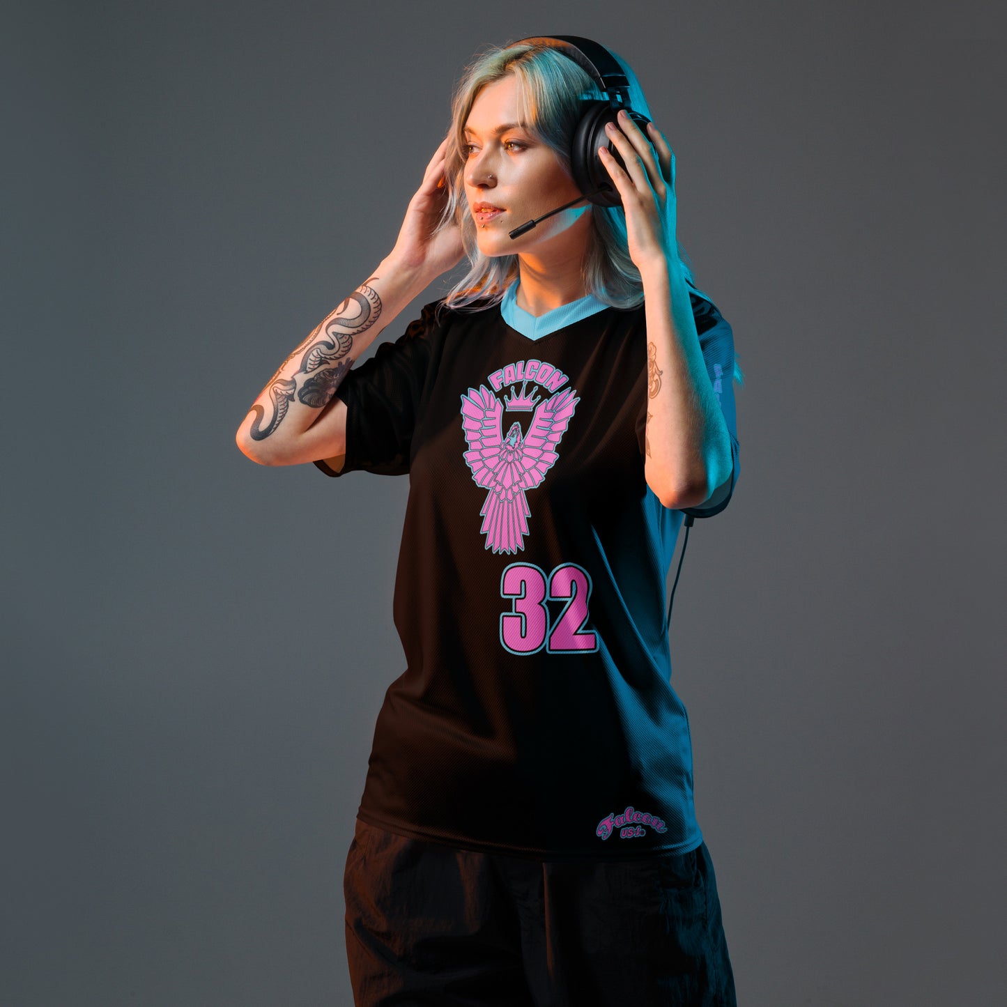 Recycled unisex sports jersey- Pink Falcon Logo- on Black