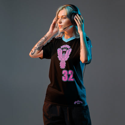 Recycled unisex sports jersey- Pink Falcon Logo- on Black