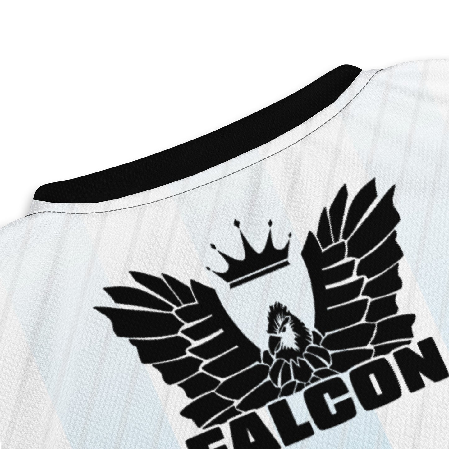 Recycled unisex sports jersey- Black Falcon Logo on White\ Blue