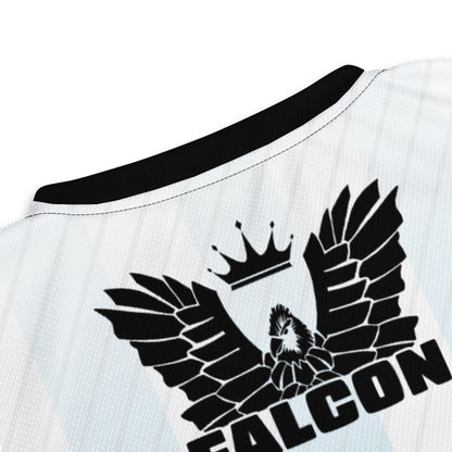 Recycled unisex sports jersey- Black Falcon Logo on White\ Blue