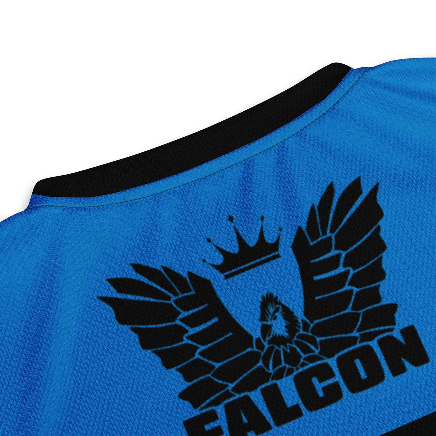 Recycled unisex sports jersey- Black Falcon Logo on Blue