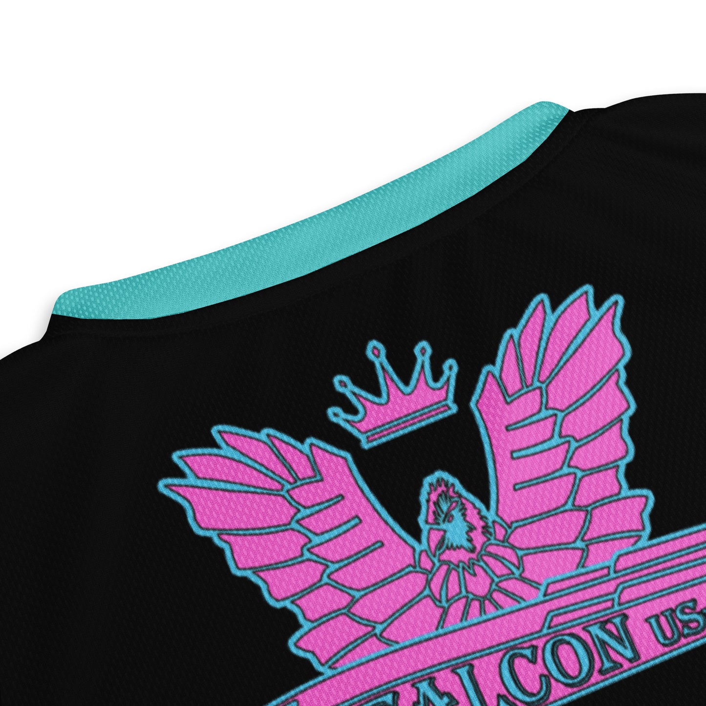 Recycled unisex sports jersey- Pink Falcon Logo- on Black