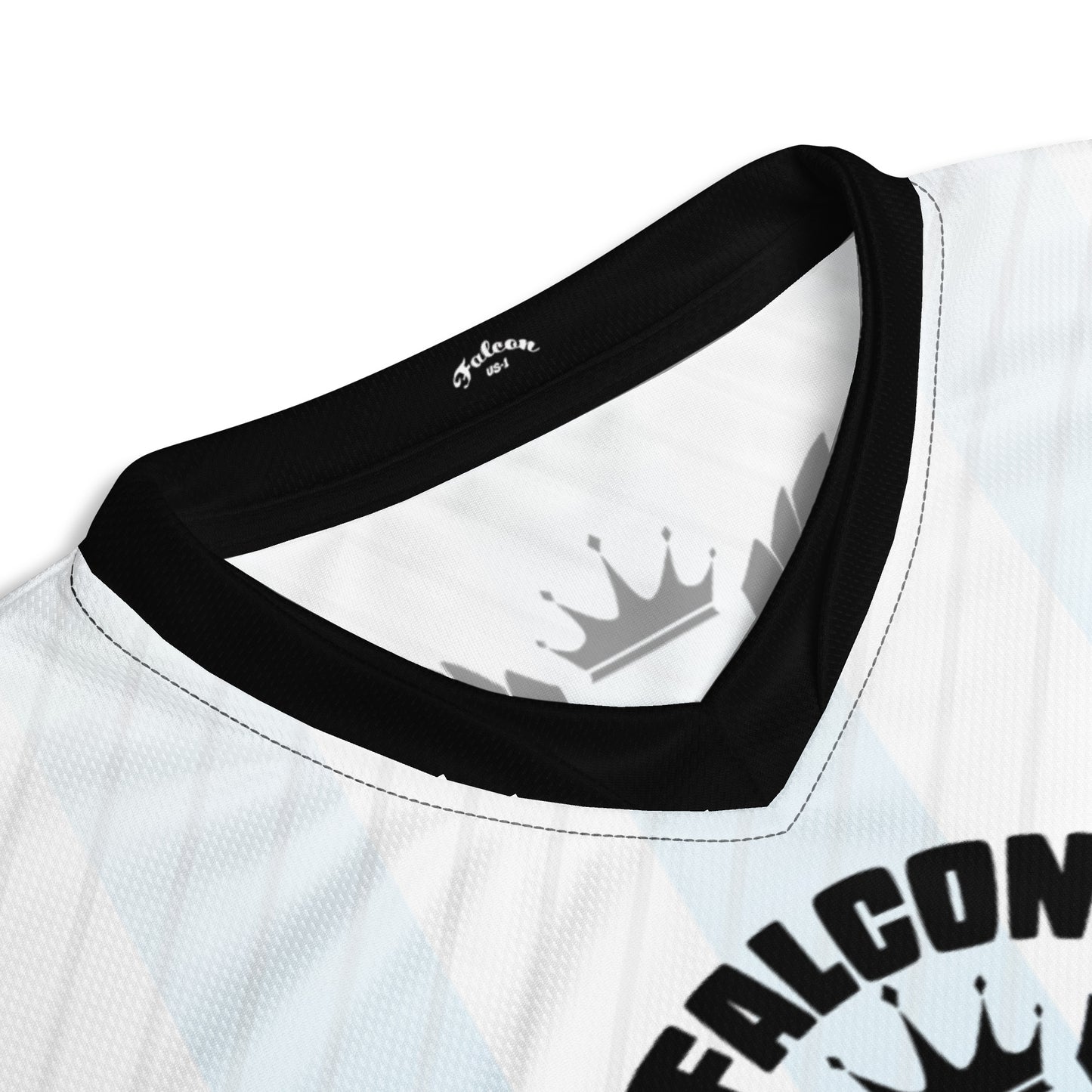 Recycled unisex sports jersey- Black Falcon Logo on White\ Blue