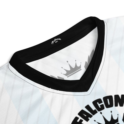 Recycled unisex sports jersey- Black Falcon Logo on White\ Blue
