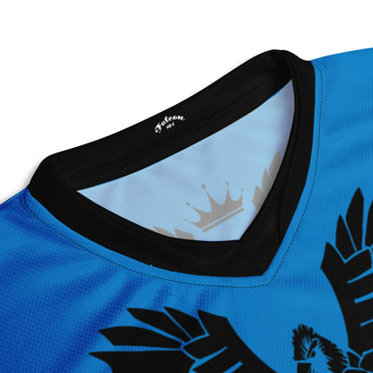 Recycled unisex sports jersey- Black Falcon Logo on Blue