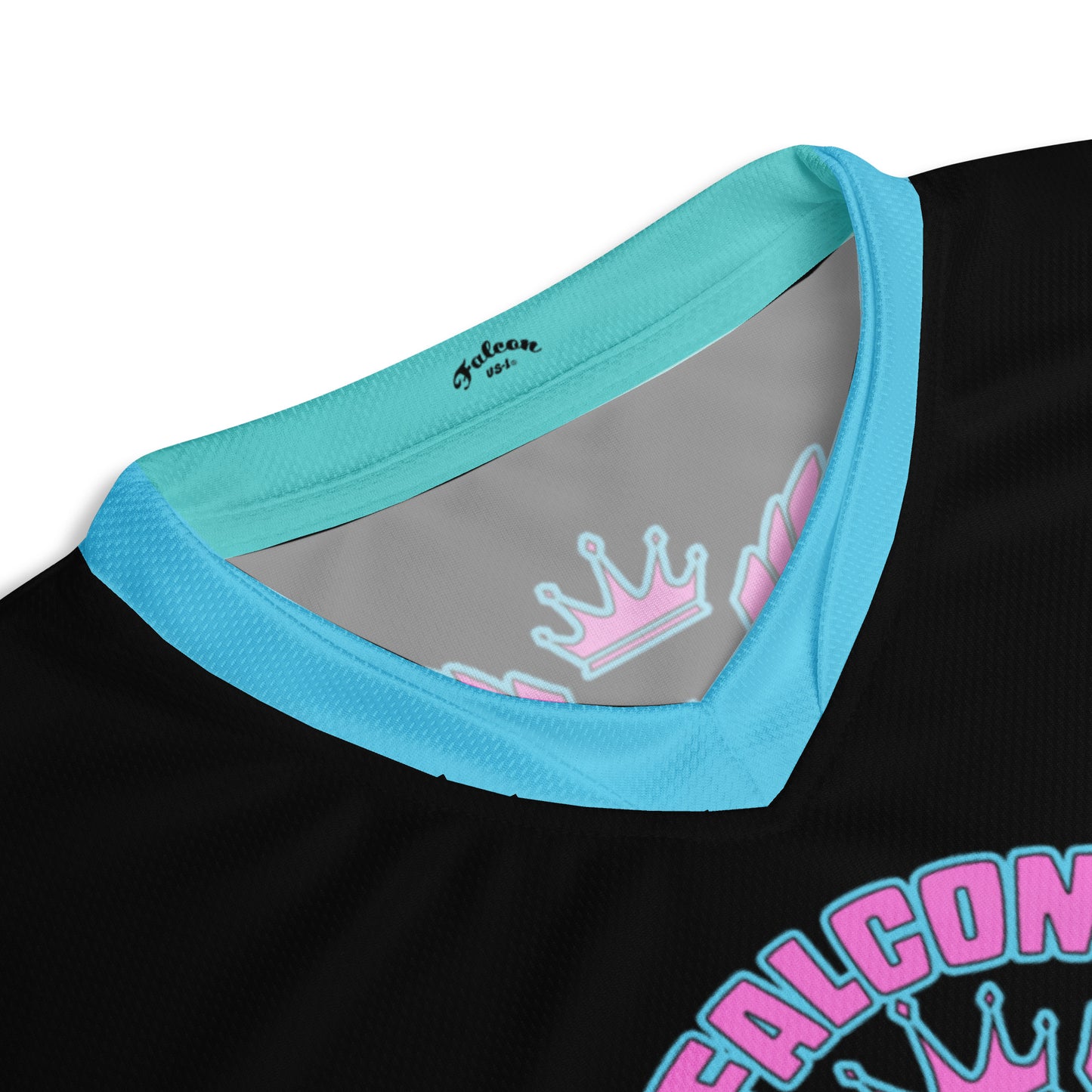 Recycled unisex sports jersey- Pink Falcon Logo- on Black