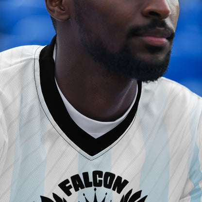 Recycled unisex sports jersey- Black Falcon Logo on White\ Blue