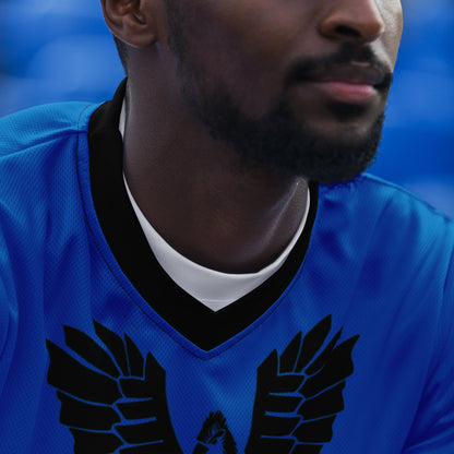 Recycled unisex sports jersey- Black Falcon Logo on Blue