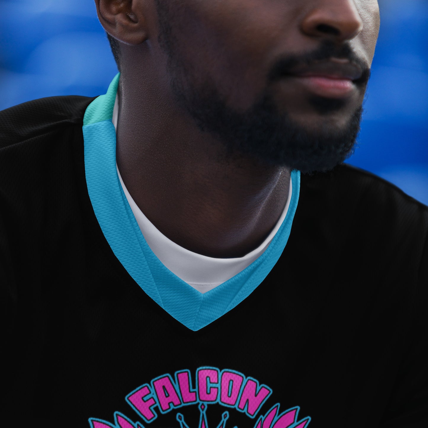 Recycled unisex sports jersey- Pink Falcon Logo- on Black
