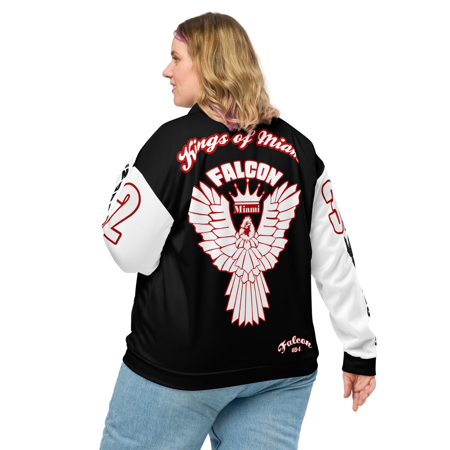 Unisex Bomber Jacket- White\Red Falcon Logo- Kings of Miami on Back