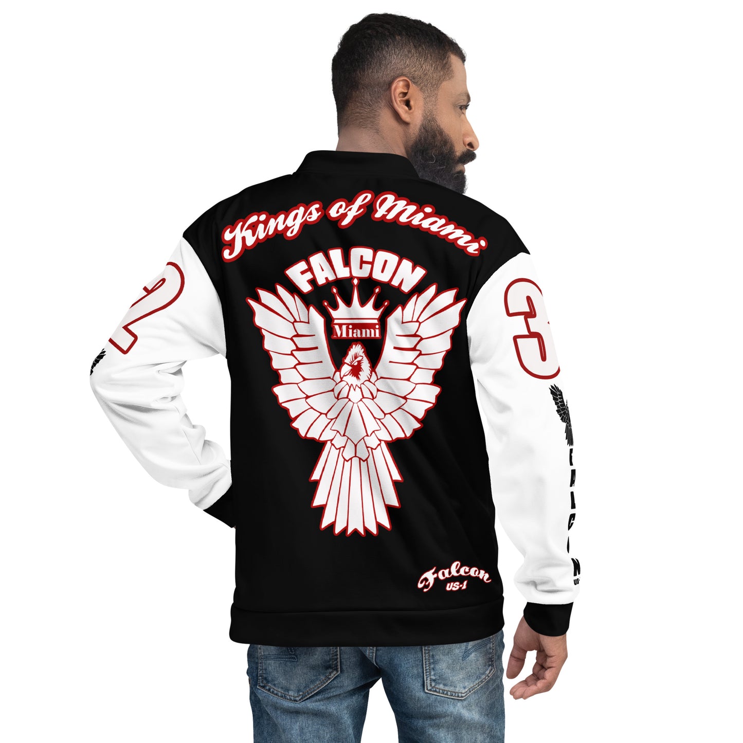 Unisex Bomber Jacket- White\Red Falcon Logo- Kings of Miami on Back