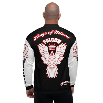 Unisex Bomber Jacket- White\Red Falcon Logo- Kings of Miami on Back
