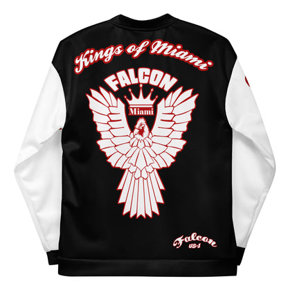 Unisex Bomber Jacket- White\Red Falcon Logo- Kings of Miami on Back