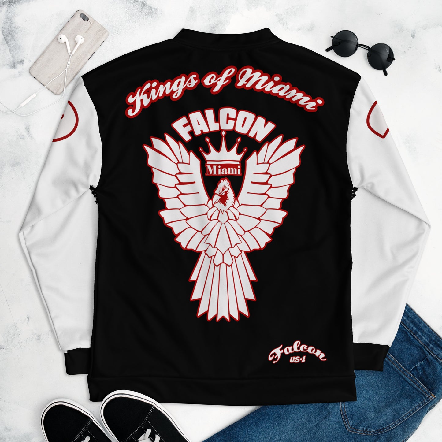 Unisex Bomber Jacket- White\Red Falcon Logo- Kings of Miami on Back