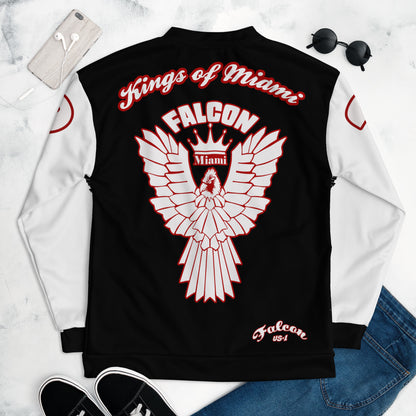 Unisex Bomber Jacket- White\Red Falcon Logo- Kings of Miami on Back