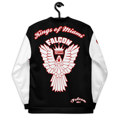 Unisex Bomber Jacket- White\Red Falcon Logo- Kings of Miami on Back