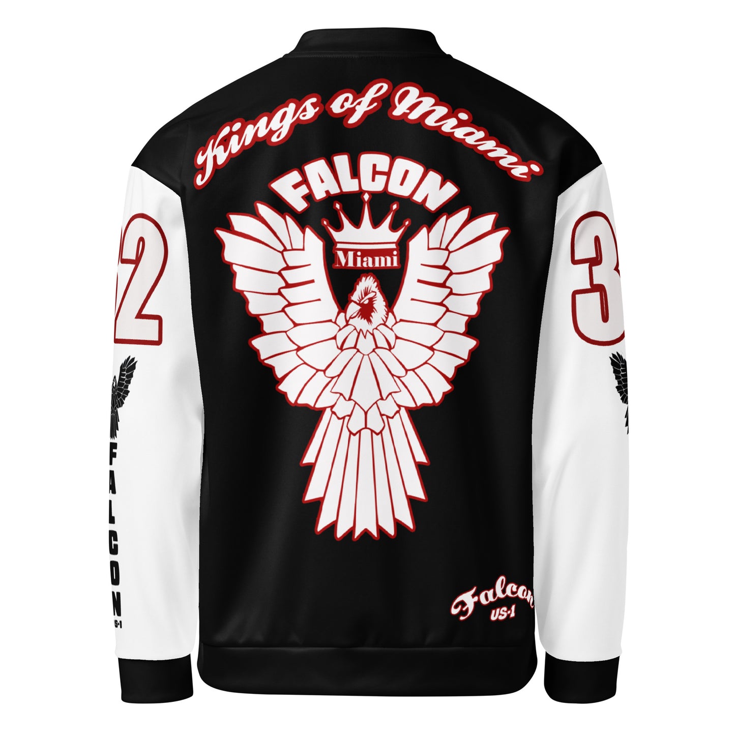 Unisex Bomber Jacket- White\Red Falcon Logo- Kings of Miami on Back