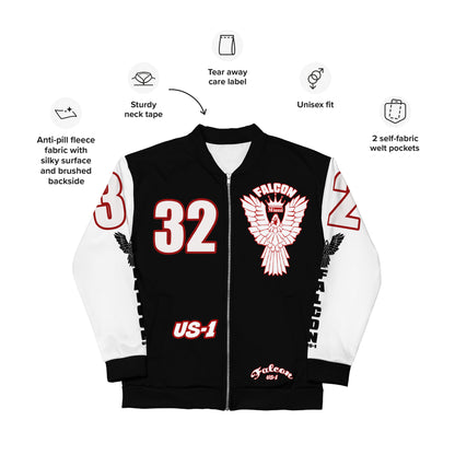 Unisex Bomber Jacket- White\Red Falcon Logo- Kings of Miami on Back