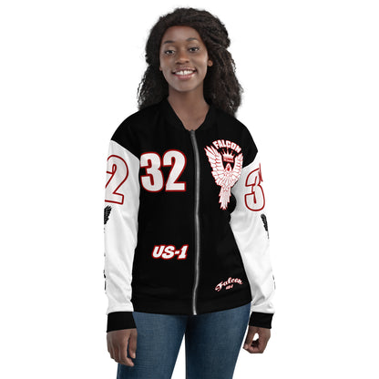 Unisex Bomber Jacket- White\Red Falcon Logo- Kings of Miami on Back