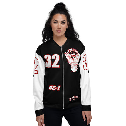 Unisex Bomber Jacket- White\Red Falcon Logo- Kings of Miami on Back