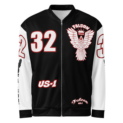 Unisex Bomber Jacket- White\Red Falcon Logo- Kings of Miami on Back
