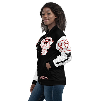 Unisex Bomber Jacket- White\Red Falcon Logo- Kings of Miami on Back