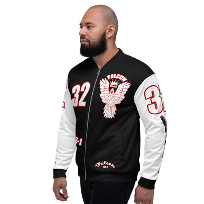 Unisex Bomber Jacket- White\Red Falcon Logo- Kings of Miami on Back