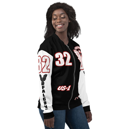 Unisex Bomber Jacket- White\Red Falcon Logo- Kings of Miami on Back