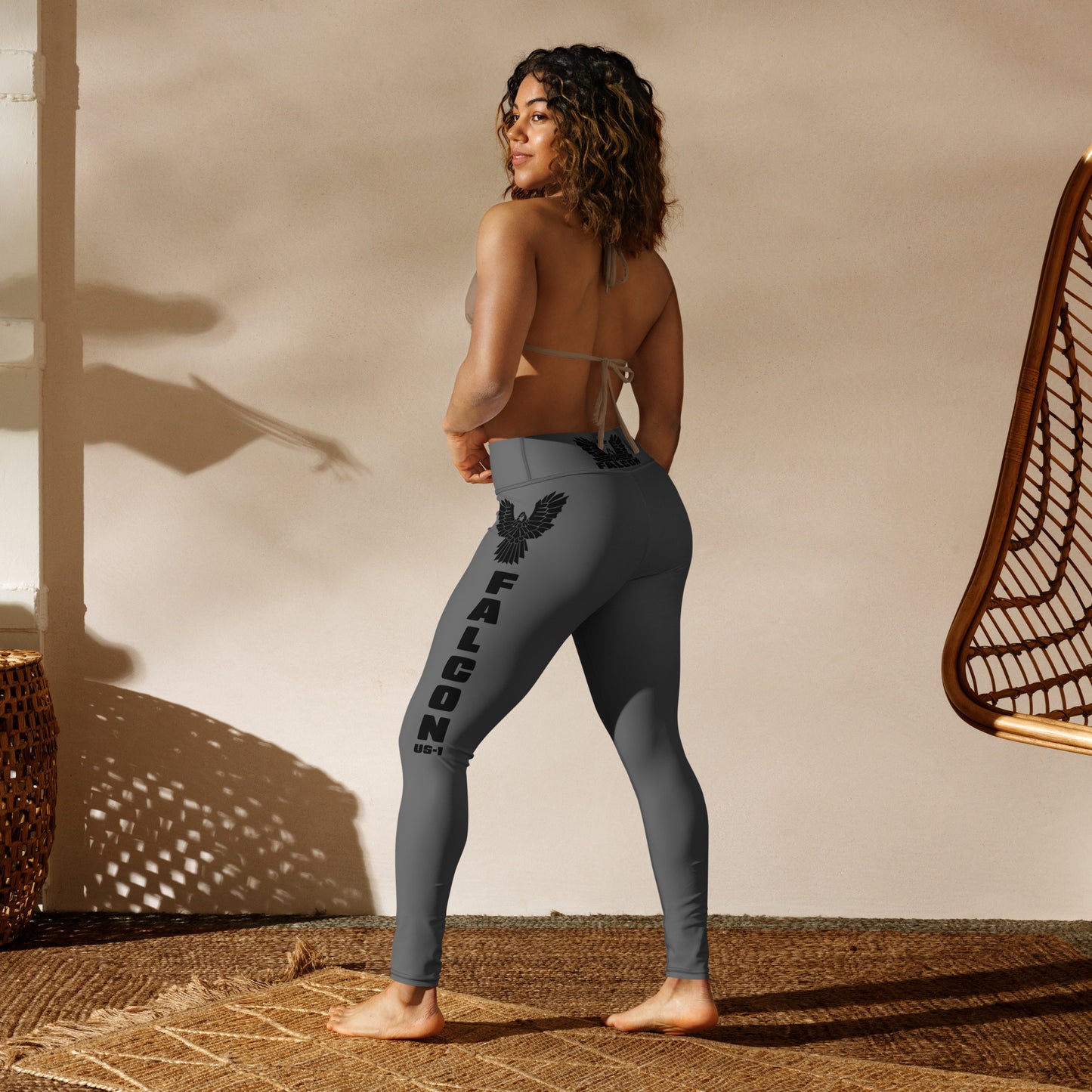 Yoga Leggings- Black Falcon Logo on Gray