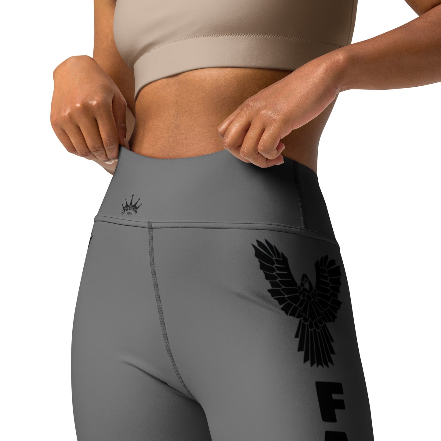 Yoga Leggings- Black Falcon Logo on Gray