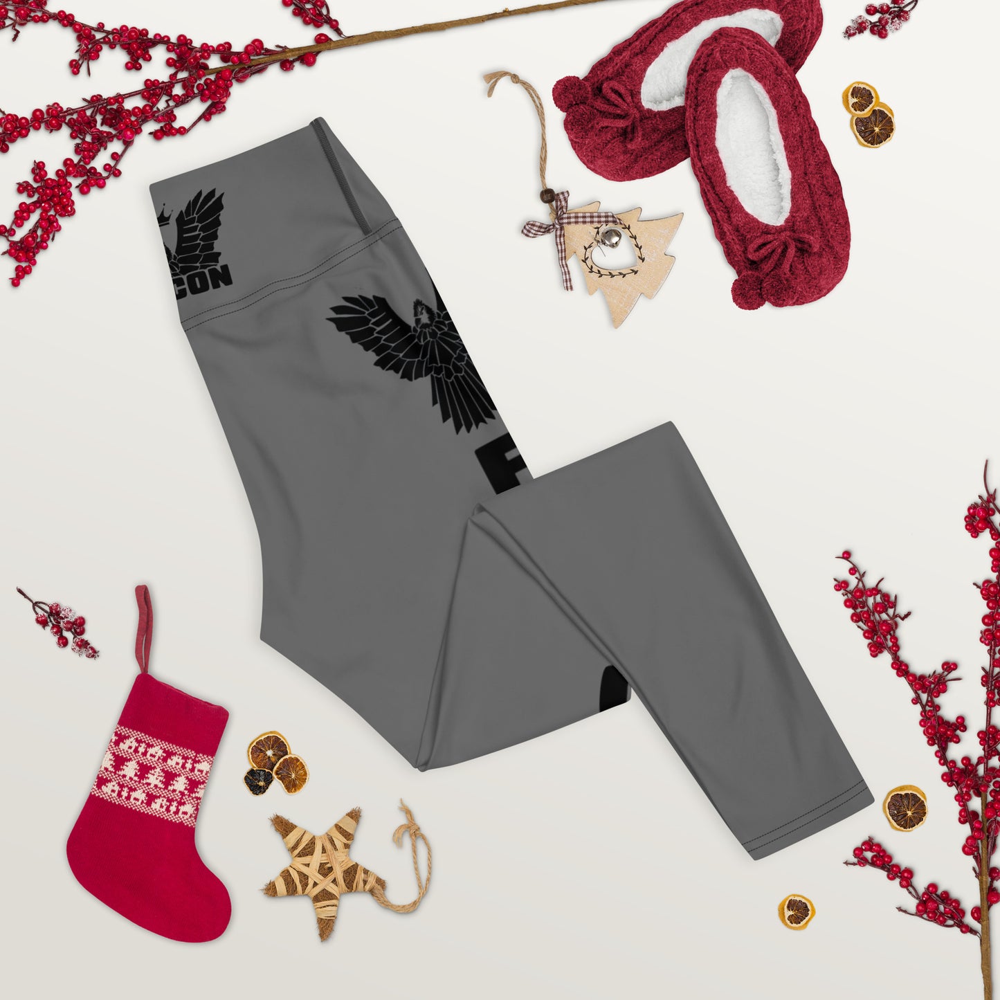 Yoga Leggings- Black Falcon Logo on Gray