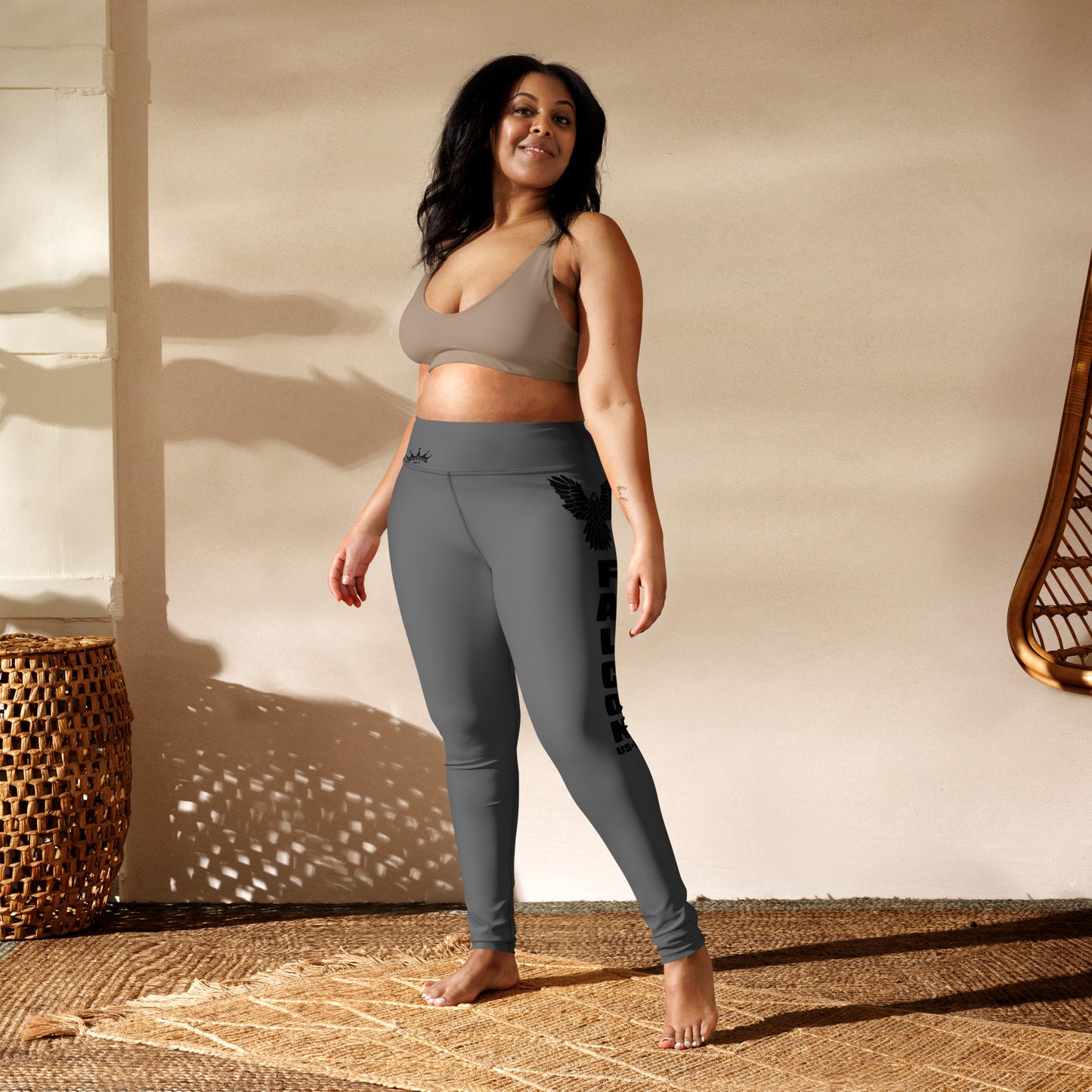 Yoga Leggings- Black Falcon Logo on Gray