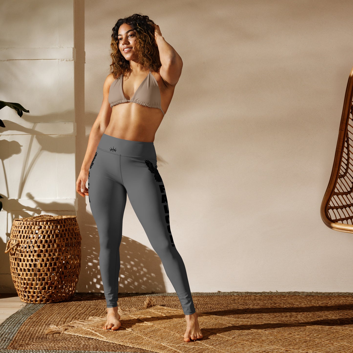 Yoga Leggings- Black Falcon Logo on Gray