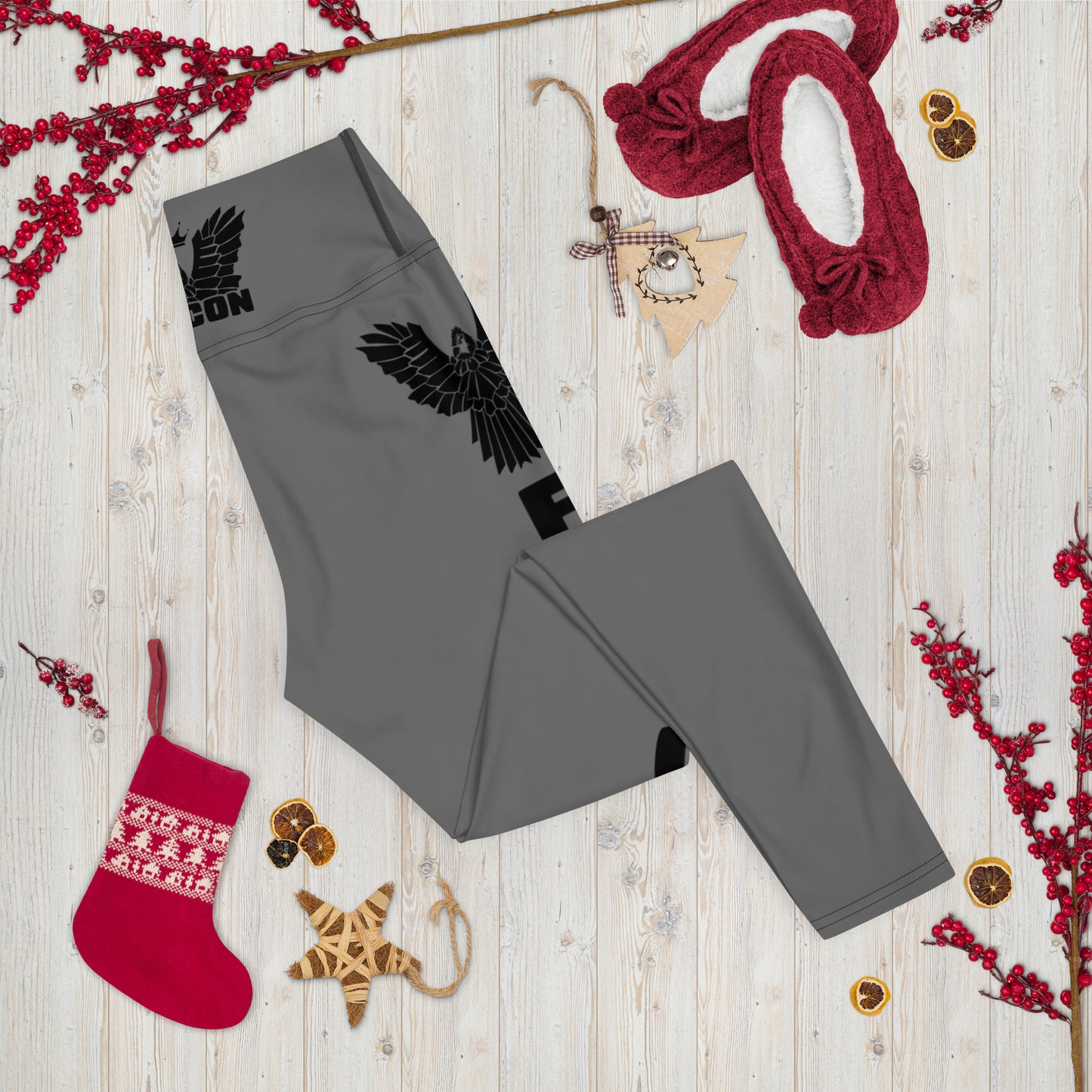 Yoga Leggings- Black Falcon Logo on Gray