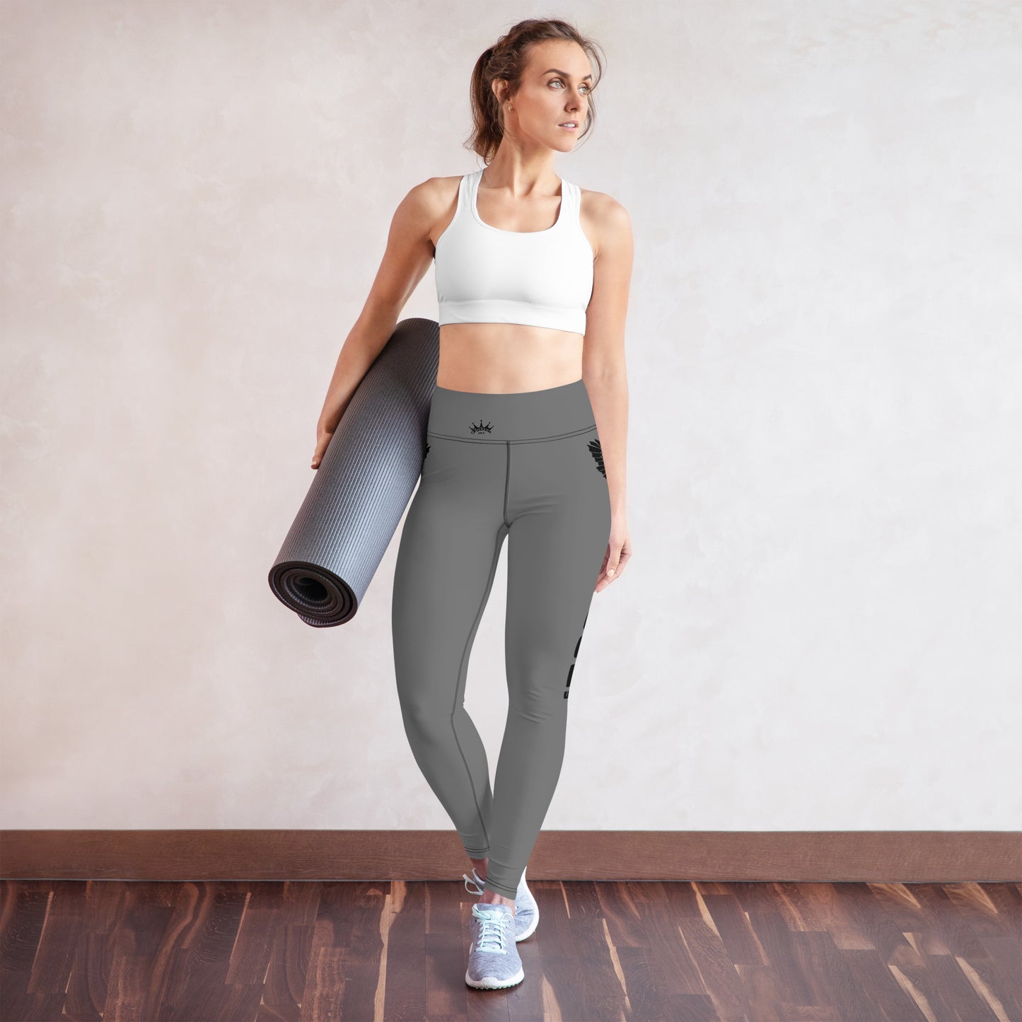 Yoga Leggings- Black Falcon Logo on Gray