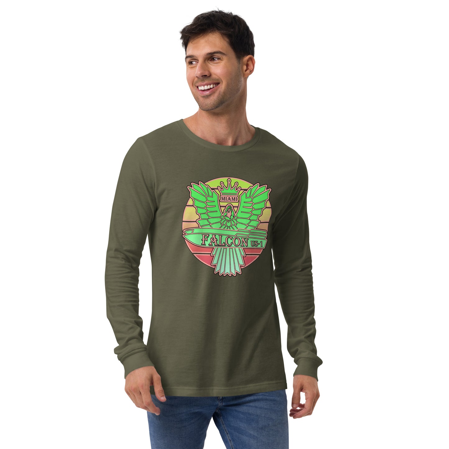 Classic Long Sleeve Tee - Falcon Retro Key Lime Green Sunburst Logo