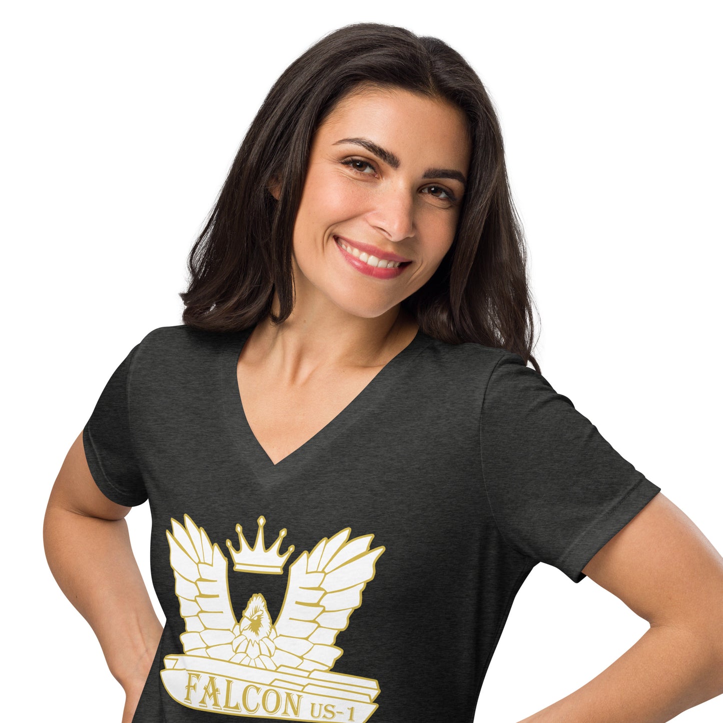 Women’s relaxed v-neck t-shirt-White\Gold Falcon US-1 Logo
