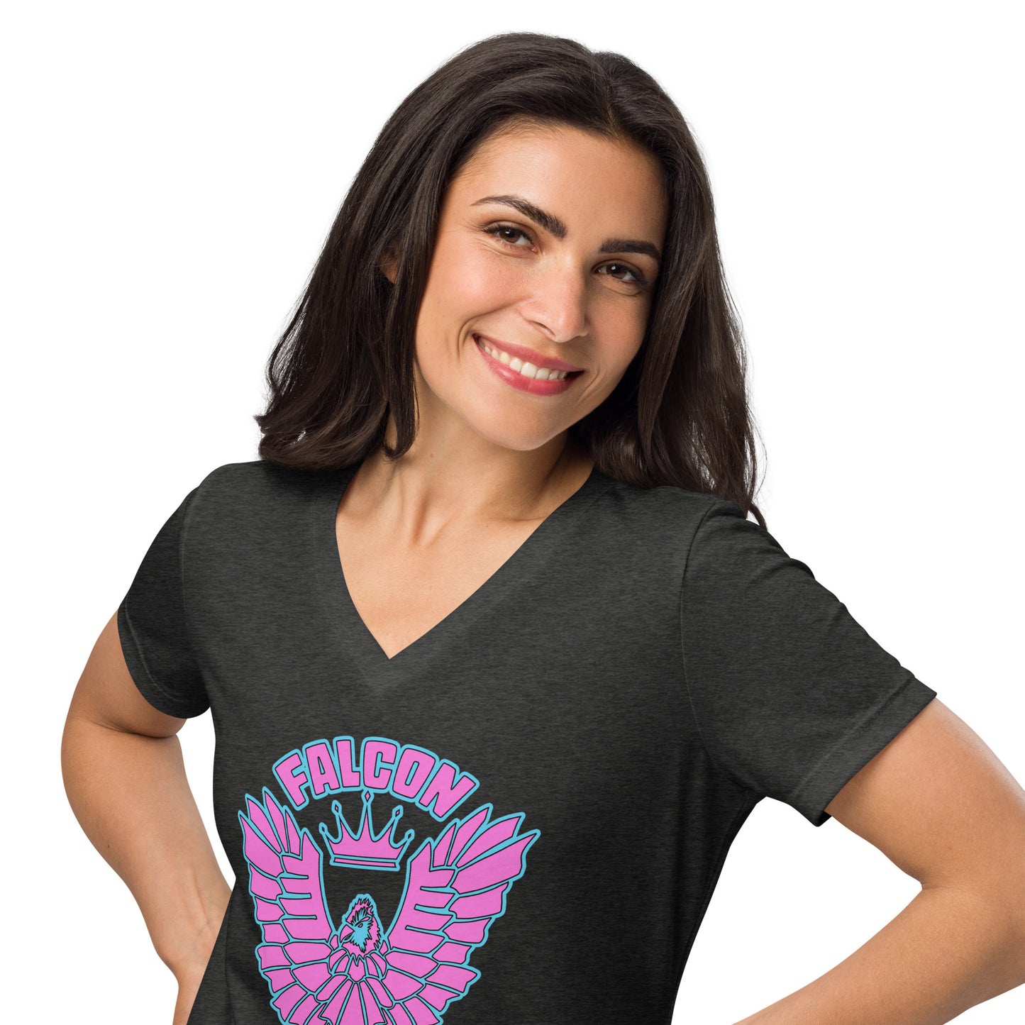 Women’s relaxed v-neck t-shirt- Retro Pink Falcon US-1 Logo